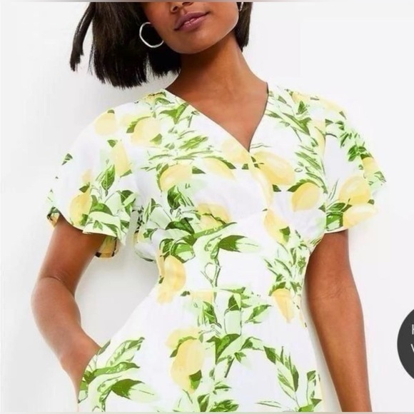 LOFT White Yellow Fluttler Sleeve Lemon Print Mini Dress 6 Has Pockets! NWT - Picture 3 of 13